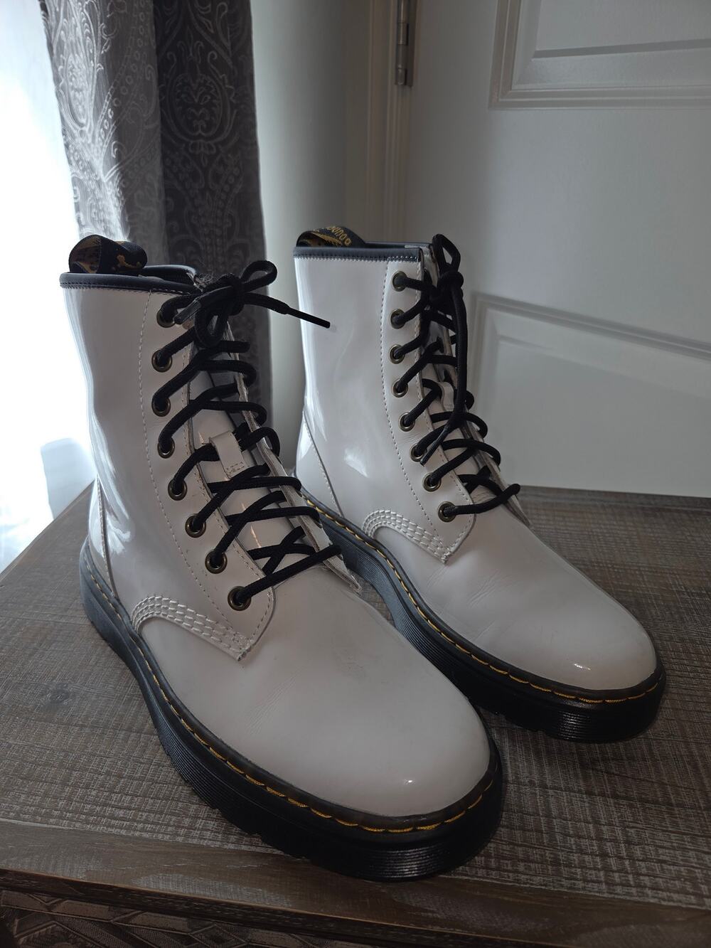 Doc Marten's Zavala White Patent Leather Combat Boots Size 7 EUC